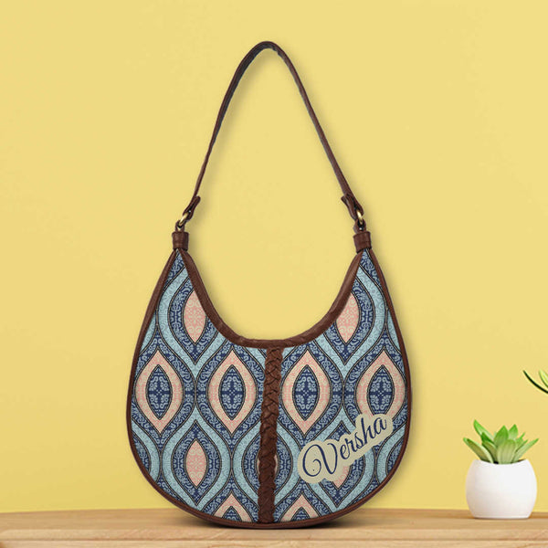 Blue Printed Half Moon Hobo Bag - Uncommongifts.in
